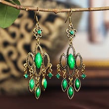 Ethnic Women's Geometric Hollow India Earrings Female European and American Vintage Bohemia Tassel Earring Green Crystal Jewelry 2024 - buy cheap