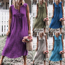 Loose Cotton Linen Dress Women Summer Beach Casual Sleeveless Boho Button High Waist Tunic Solid Long Dresses Plus Size S-4XL 2024 - buy cheap