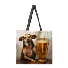 Folding shopping bag oil painting dog lady shoulder bag female leisure handbag outdoor beach bag female tote bag 2024 - buy cheap