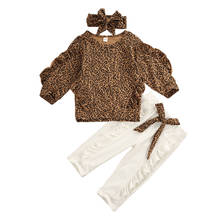 Roupas de manga longa para meninas, conjuntos com 3 peças, blusas de leopardo plissadas + calças longas e cordões tipo legging para bebês meninas 2024 - compre barato