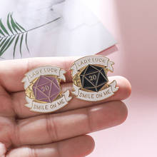 Geometric triangle stitching 20 face dice Surround ribbon Enamel brooch The slogan "LADY LUCK SMILE ON ME" Black purple badge 2024 - buy cheap