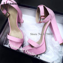 Linamong-Sandalias de tacón grueso para mujer, calzado elegante con plataforma alta y hebilla en el tobillo, de cuero y ante 2024 - compra barato