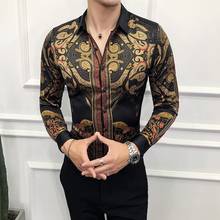 Camisa impressa de ouro masculina primavera 2021 alta qualidade luxo negócios moda casual magro camisa masculina manga longa enrugamento-livre camisa 2024 - compre barato