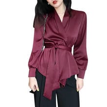 Women Fashion Super Fairy Sweet Satin Shirt Summer V Neck Clothing Cardigans Long Sleeve Reflective Sashed Slim OL Shirts Blouse 2024 - buy cheap