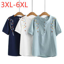 Camisa feminina plus size de algodão, camiseta solta de manga curta para mulheres, gola redonda, de linho azul floral, 3xl 4xl 5xl 6xl, 2021 2024 - compre barato