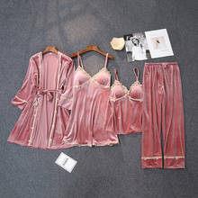 Conjunto pijama feminino de veludo com renda, roupa de dormir quente sexy de inverno com 4 peças 2024 - compre barato
