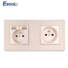 Esooli Gold Aluminum Metal Panel Wall Socket  French Standard With Dual 2.1A 16A USB Charging Port+ 1 Gang French Socket 2024 - buy cheap