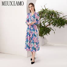 MIUXIMAO 2021 Runway Spring Autumn New Women V-Neck Full Sleeve Fashion Flower Print Vintage Chic Holiday Party Dresses Vestidos 2024 - buy cheap