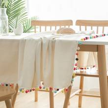 Mantel decorativo Beige con bolas de pelo de colores, cubierta Rectangular de lino y algodón grueso para mesa de comedor de boda, mantel de té 2024 - compra barato