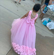 Precioso vestido de tul rosa para niña, vestido con perlas 3D Floral sin espalda, vestidos de fiesta de cumpleaños para niña, tren largo 2024 - compra barato