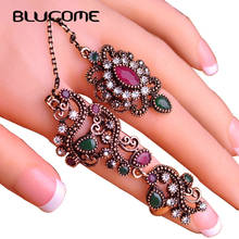 Blucome New Arrival Adjustable Turkish Two Finger Rings For Party Women Red Resin Hollow Out Flower Vintage Ring Anel Jewelry 2024 - buy cheap