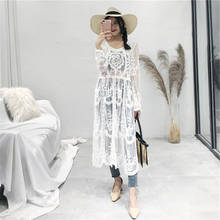 Summer Dress Long boho Beach Tunic Lace Korea Fashion Crochet Hollow Round Neck Long Sleeve Loose Thin Women's Clothing White 2024 - buy cheap