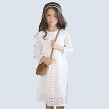 Платье для девочки-подростка с отделкой: кружево, полые летнее платье Вечерние с длинным рукавом Элегантное белое платье для детей S/M/L для детей вечернее платье Vestidos; Модная новинка 2024 - купить недорого