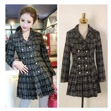 New women turn down collar long sleeve double breasted tweed woolen pleated fashion medium long coat casacos S M L 2024 - buy cheap