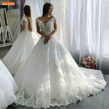 Precioso vestido de novia con cuentas, largo de encaje con apliques de tul, elegante, blanco, marfil, 2020 2024 - compra barato