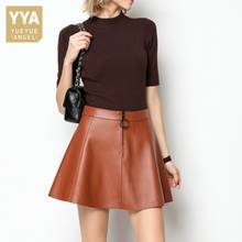 Minifalda informal de cuero genuino para mujer, falda acampanada de cintura alta con cremallera, Color liso, ropa de calle 2024 - compra barato