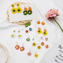 2020 Summer Korean Colorful Flower Long Drop Earrings for Women Gold Color Metal Double Layer Floral Statement Earrings Jewelry 2024 - buy cheap