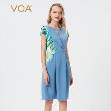 VOA 30m/m Silk Heavy Stone Washed round Neck Loose-Leaf Design Filler Knitted Printing Stitching Short-Sleeve Dress A76 2024 - buy cheap