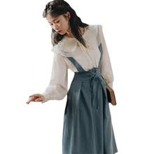 Women 2 Piece Suits 2021 Korean Fashion Sweet Long-sleeved Peter Pan Collar Shirts&Strap Dress Sets Retro Two-piece Skirts Sets 2024 - buy cheap