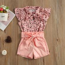 Conjunto de roupas florais para meninas de 1 a 6 anos, roupas de verão para crianças e bebês, com laço e camisa shorts 2024 - compre barato