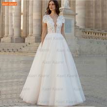 Vestido de casamento 2021 com decote em v, vestido branco, aplique em renda, feito sob encomenda 2024 - compre barato
