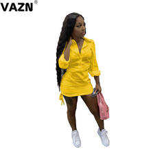 Vazn 2020 high street v-neck manga cheia amarelo sólido a-line shinny elegante vestido de rua feminino vestido casual sexy mini vestido 2024 - compre barato