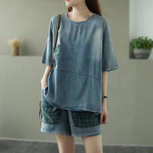 Original Denim Wide-leg Shorts Suit Female Summer New 2020 Large Size Loose Shirt And Jeans Casual Two-piece Set Outfit K492 2024 - buy cheap