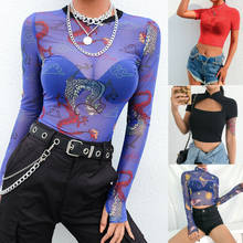 Blusa feminina malha transparente estampa de dragão, camiseta feminina manga comprida 2024 - compre barato