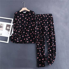 Pijama de algodão engrossado para inverno, pijama de manga longa com lapela e estampa de borboleta preta, 2 peças, roupa de dormir 2024 - compre barato