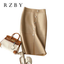 RZBY290-Falda Midi de piel de oveja auténtica para mujer, prenda de cintura alta, a la moda, ajustada, de cuero genuino 2024 - compra barato