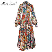 MoaaYina Designer Women Spring Summer Lapel Single Breasted Lantern Long Sleeve Vintage Print Dress 2024 - buy cheap