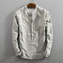 Рубашка Henley мужская с воротником-стоечкой, винтажная блуза из хлопка и льна, повседневная сорочка с длинными рукавами, однотонная деловая уличная одежда, мягкая удобная 2024 - купить недорого