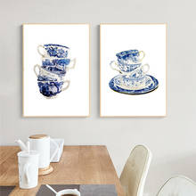 Chic tazas de té Vintage, acuarela, Azul, Blanco, sauce, estilo chino, lienzo, pintura, arte de pared, imágenes, póster, decoración del hogar 2024 - compra barato