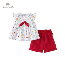 DBS13844 dave bella summer baby girls fashion bow print ruched clothing sets kids cute sets children 2 pcs suit 2024 - buy cheap