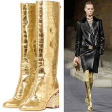 New Autumn/Winter Gold Leather Knee-High Boots Women Point Toe Rhinestone Square Heel Runway Boots Woman  Fashion Ladies Shoes 2024 - buy cheap