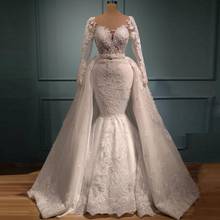 Retro Lace Long Sleeves Mermaid Wedding Dresses With Detachable Overskirt Sheer Neck Sweep Train Bridal Gowns Vestido De Novia 2024 - buy cheap