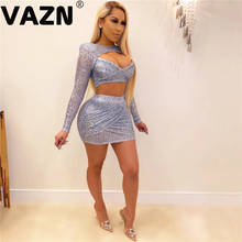VAZN-minifaldas de manga larga para mujer, conjunto Sexy de 2 piezas, ahuecado con lentejuelas llamativas, color liso, 2020 2024 - compra barato