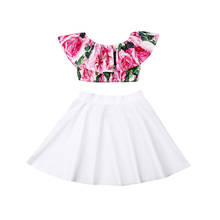 1-6Years 2pcs Toddler Kids Baby Girl Skirt Set Flower Off Shoulder Ruffle Crop Tops and white Skirt Outfits Set 2024 - buy cheap