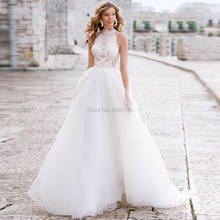 Tulle Wedding Dresses 2020 Beading Halter Sleeveless Lace Appliques Button Court Train A Line Bridal Gowns Vestido De Noiva 2024 - buy cheap