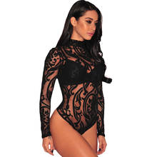 Women Black Sheer Mesh Print Long Sleeve Bodysuit Lace Black Bodysuit Rompers Women Summer Sexy See Through Skinny Body Jumpsuit 2024 - buy cheap