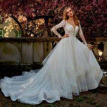 Thinyfull Elegant V Neck Wedding Dresses A Line Long Sleeve Bride Dresses Tulle Backless Lace Appliques Court Train Bridal Gown 2024 - buy cheap