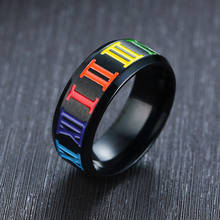 KOtik 2022 New 8mm Black Ring with Rainbow Roman Numeral Numbers Stainless Steel Wedding Band Gay Ring for Men Woman 2024 - buy cheap