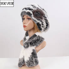 2022 New Winter Rex Rabbit Fur Hats Scarves Women Fashion 100% Genuine Knit Fur Caps Scarves Sets Lady Warm Real Fur Hat Muffler 2024 - buy cheap