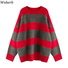Woherb Women Oversized Thin Sweater Vintage Striped Loose Pullover Streetwear Autumn Knitted Jumper Femme 2021 Sueter Mujer 2024 - buy cheap