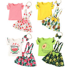 Kids Girls 1-5Y Clothes Sets Short Ruffles Sleeve T-Shirt Pattern Print Suspender Dress Headband 3PCS 2024 - buy cheap