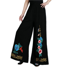 Estilo chino bordado Flor de las mujeres pantalones casuales de algodón elástico de la cintura pantalones de pierna ancha Lino de longitud completa 2024 - compra barato