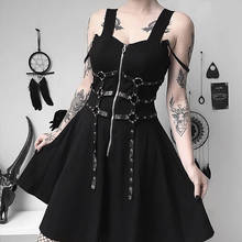 Fashion Gothic Dress Women 2020 Spring Fall Tunic Black Zipper Pleated Strap Streetwear Steam Punk Wind Cosplay Mini Dress 2024 - buy cheap