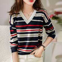 Shintimes Striped Pullovers Sweater Elastic V-Neck Sweters Women 2021 Spring Fall Long Sleeve Korean Woman Clothes Pull Femme 2024 - buy cheap