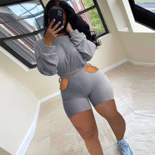 Sexy Fitness Matching Two Piece Short Sets for Women Long Sleeve Bandage Crop Top Cut Out Hole Biker Short Summer Matching Suit 2024 - buy cheap