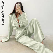 Green Long Sleeves Blouse Women Shirt High Waist Wide Leg Pants Female Elegant Loose 2 Piece Set Trousers Women Casual Tracksuit 2024 - buy cheap